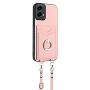 For Motorola Moto G 5G 2024 R20 Crossbody Rope Ring Card Holder Phone Case(Pink)