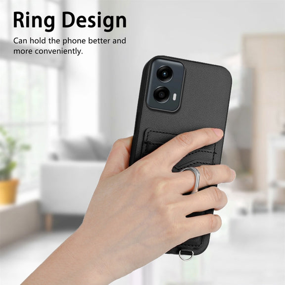 For Motorola Moto G 5G 2024 R20 Crossbody Rope Ring Card Holder Phone Case(Black)