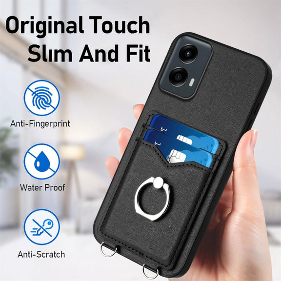 For Motorola Moto G 5G 2024 R20 Crossbody Rope Ring Card Holder Phone Case(Black)