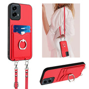 For Motorola Moto G 5G 2024 R20 Crossbody Rope Ring Card Holder Phone Case(Red)
