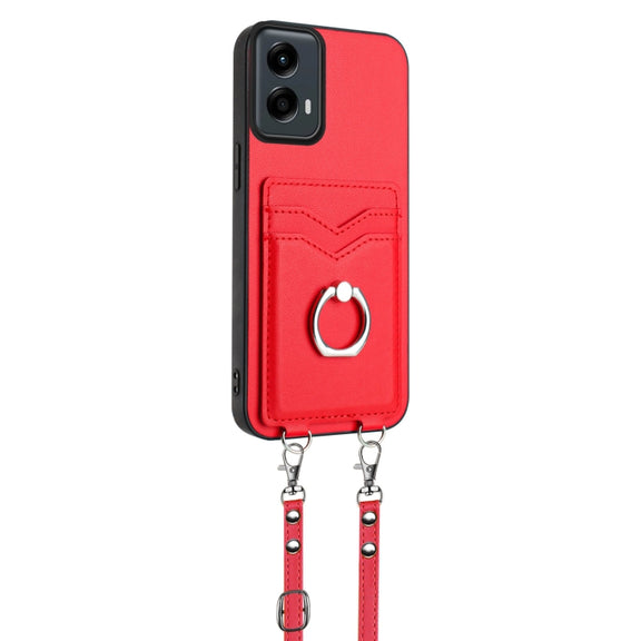 For Motorola Moto G 5G 2024 R20 Crossbody Rope Ring Card Holder Phone Case(Red)
