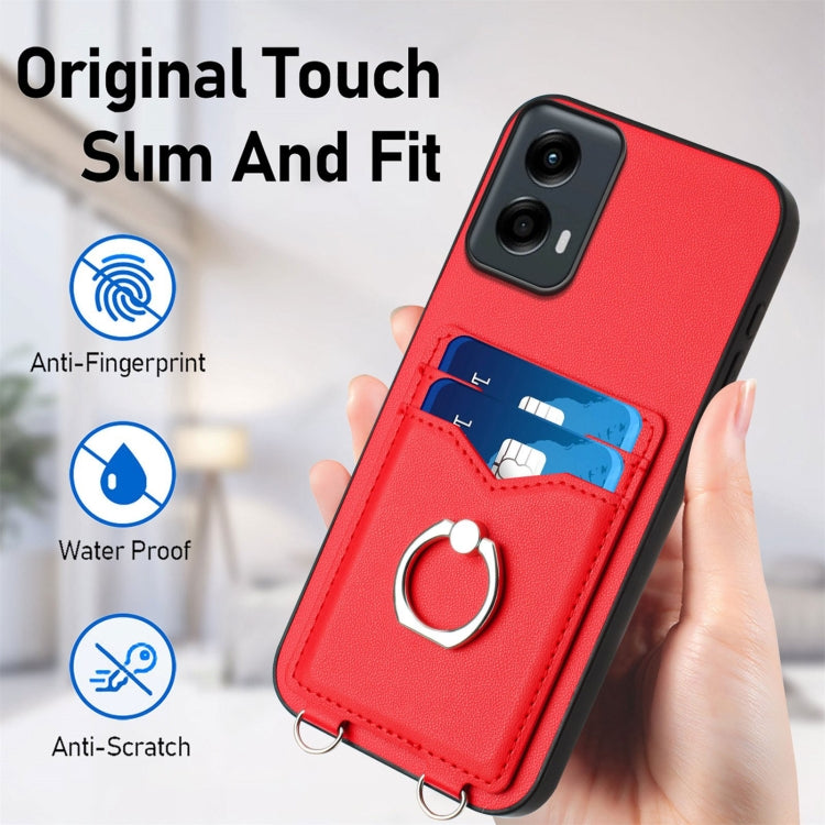 For Motorola Moto G 5G 2024 R20 Crossbody Rope Ring Card Holder Phone Case(Red)