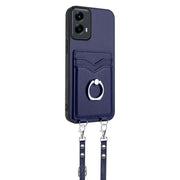 For Motorola Moto G 5G 2024 R20 Crossbody Rope Ring Card Holder Phone Case(Blue)