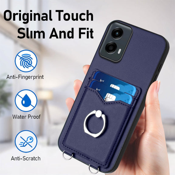 For Motorola Moto G 5G 2024 R20 Crossbody Rope Ring Card Holder Phone Case(Blue)