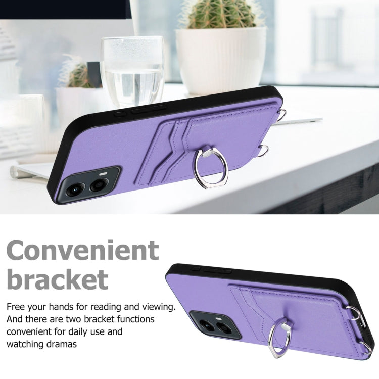 For Motorola Moto G 5G 2024 R20 Crossbody Rope Ring Card Holder Phone Case(Purple)