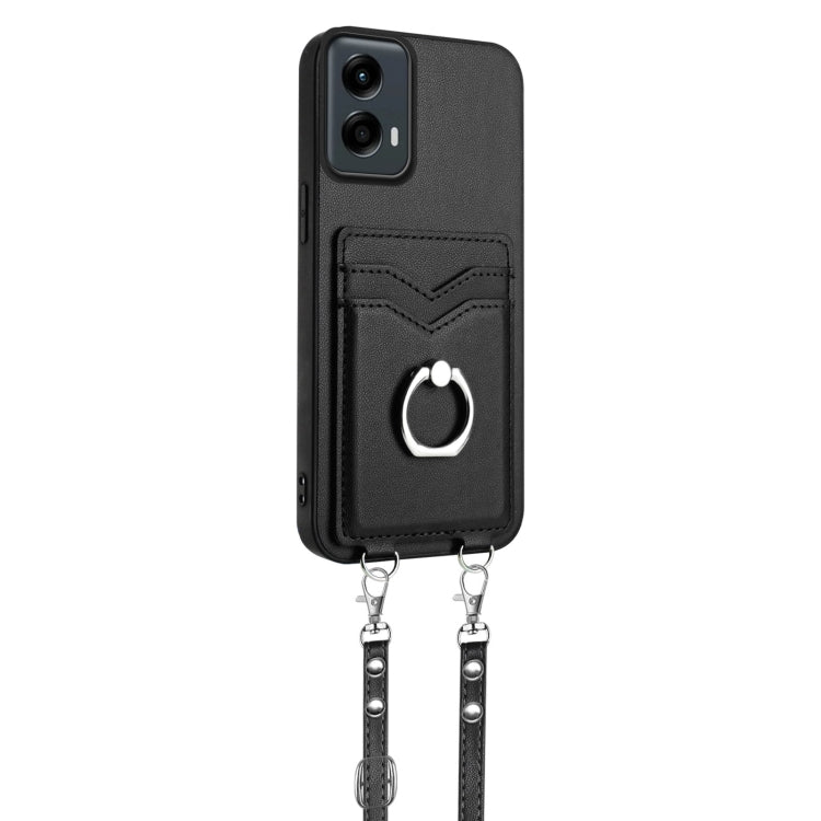 For Motorola Moto G Play 2024 5G R20 Crossbody Rope Ring Card Holder Phone Case(Black)