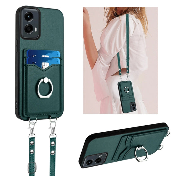 For Motorola Moto G Play 2024 5G R20 Crossbody Rope Ring Card Holder Phone Case(Green)