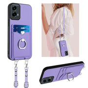 For Motorola Moto G Play 2024 5G R20 Crossbody Rope Ring Card Holder Phone Case(Purple)