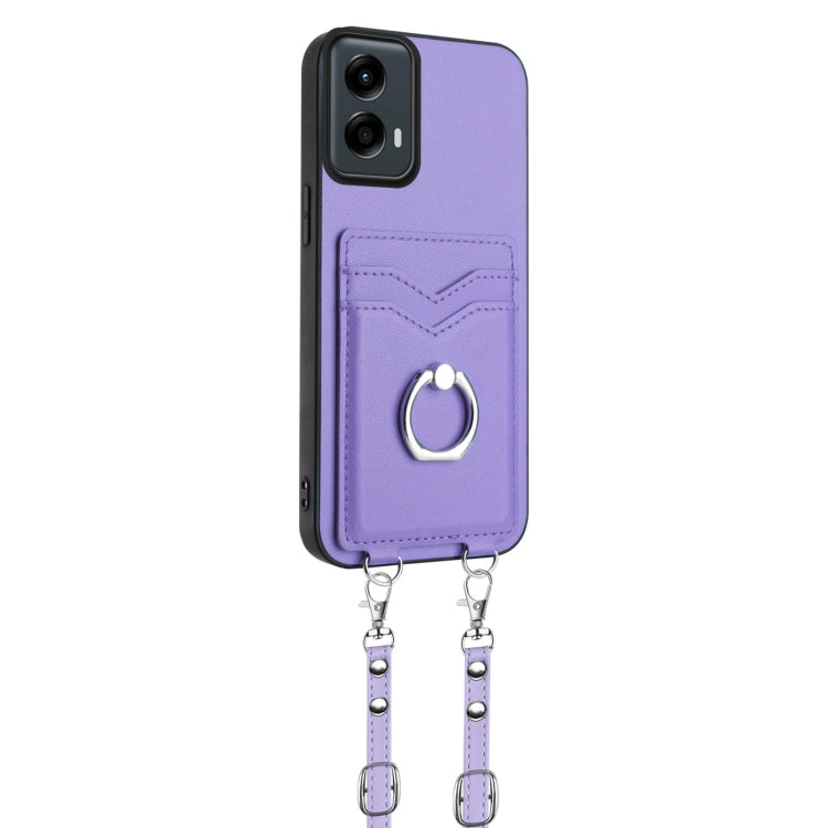 For Motorola Moto G Play 2024 5G R20 Crossbody Rope Ring Card Holder Phone Case(Purple)