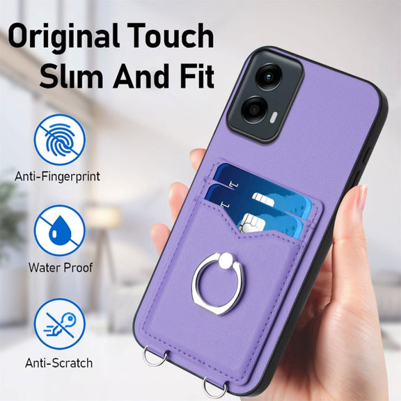For Motorola Moto G Play 2024 5G R20 Crossbody Rope Ring Card Holder Phone Case(Purple)