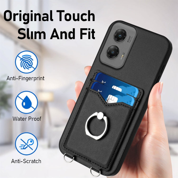 For Motorola Moto G Stylus 5G 2024 R20 Crossbody Rope Ring Card Holder Phone Case(Black) - Motorola Cases by PMC Jewellery | Online Shopping South Africa | PMC Jewellery | Buy Now Pay Later Mobicred