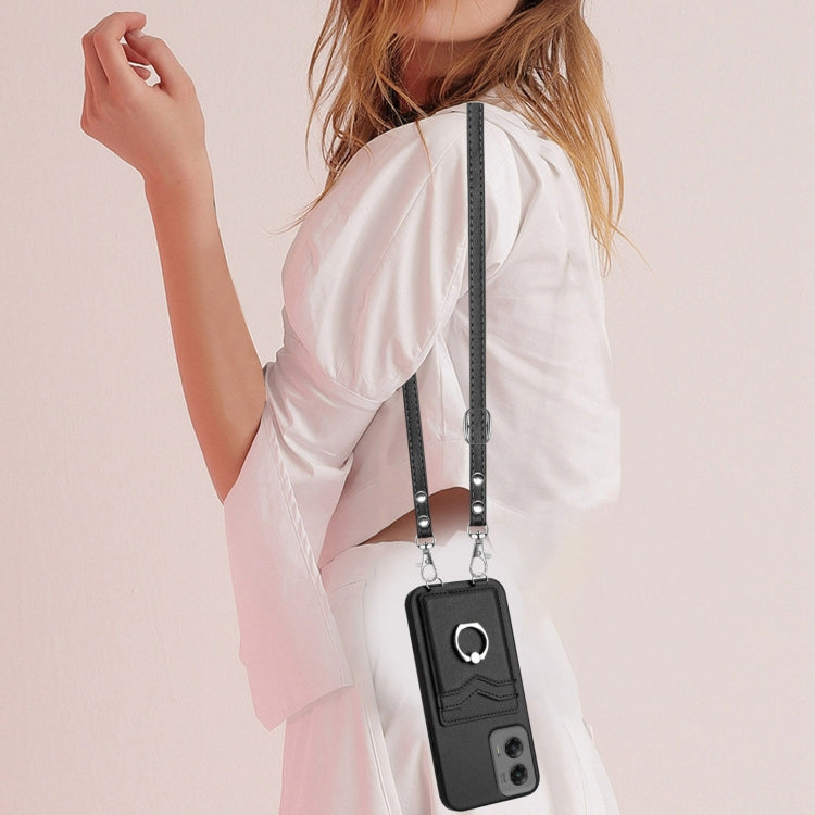 For Motorola Moto G Stylus 5G 2024 R20 Crossbody Rope Ring Card Holder Phone Case(Black) - Motorola Cases by PMC Jewellery | Online Shopping South Africa | PMC Jewellery | Buy Now Pay Later Mobicred
