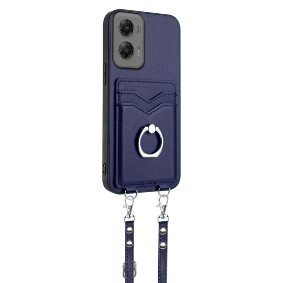 For Motorola Moto G Stylus 5G 2024 R20 Crossbody Rope Ring Card Holder Phone Case(Blue)