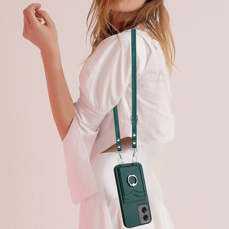 For Motorola Moto G Stylus 5G 2024 R20 Crossbody Rope Ring Card Holder Phone Case(Green)