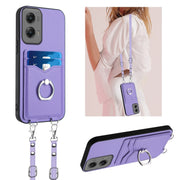 For Motorola Moto G Stylus 5G 2024 R20 Crossbody Rope Ring Card Holder Phone Case(Purple)