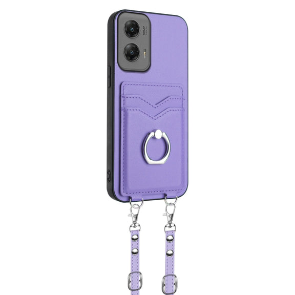 For Motorola Moto G Stylus 5G 2024 R20 Crossbody Rope Ring Card Holder Phone Case(Purple)