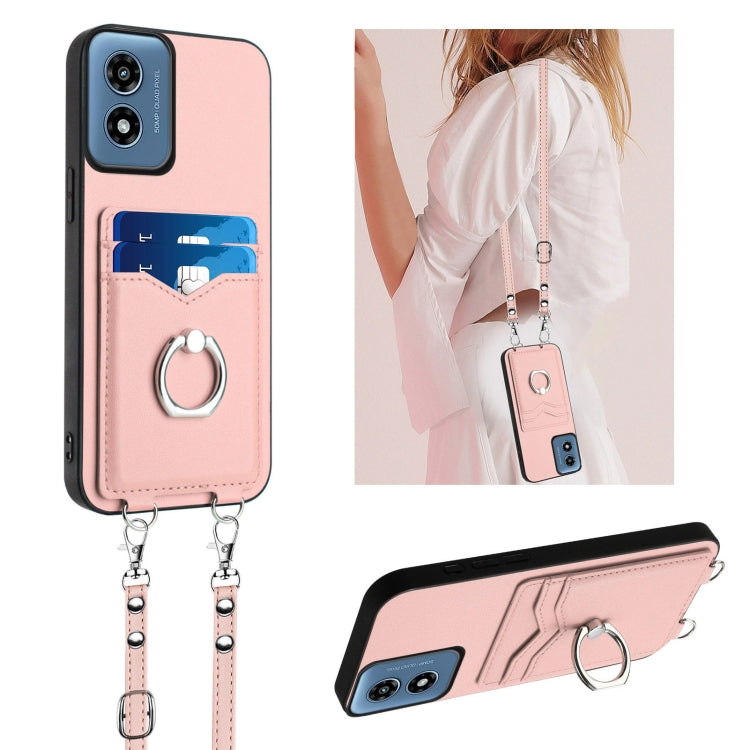 For Motorola Moto G Play 2024 4G R20 Crossbody Rope Ring Card Holder Phone Case(Pink) - Motorola Cases by PMC Jewellery | Online Shopping South Africa | PMC Jewellery | Buy Now Pay Later Mobicred