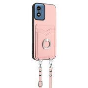 For Motorola Moto G Play 2024 4G R20 Crossbody Rope Ring Card Holder Phone Case(Pink)