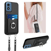 For Motorola Moto G Play 2024 4G R20 Crossbody Rope Ring Card Holder Phone Case(Black)