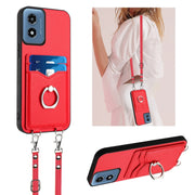 For Motorola Moto G Play 2024 4G R20 Crossbody Rope Ring Card Holder Phone Case(Red)