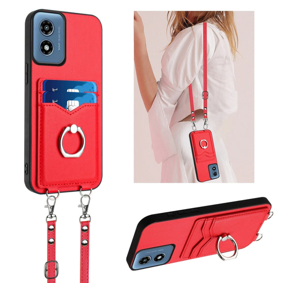 For Motorola Moto G Play 2024 4G R20 Crossbody Rope Ring Card Holder Phone Case(Red)