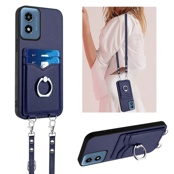 For Motorola Moto G Play 2024 4G R20 Crossbody Rope Ring Card Holder Phone Case(Blue)