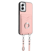 For Motorola Moto G Power 5G 2024 R20 Crossbody Rope Ring Card Holder Phone Case(Pink)