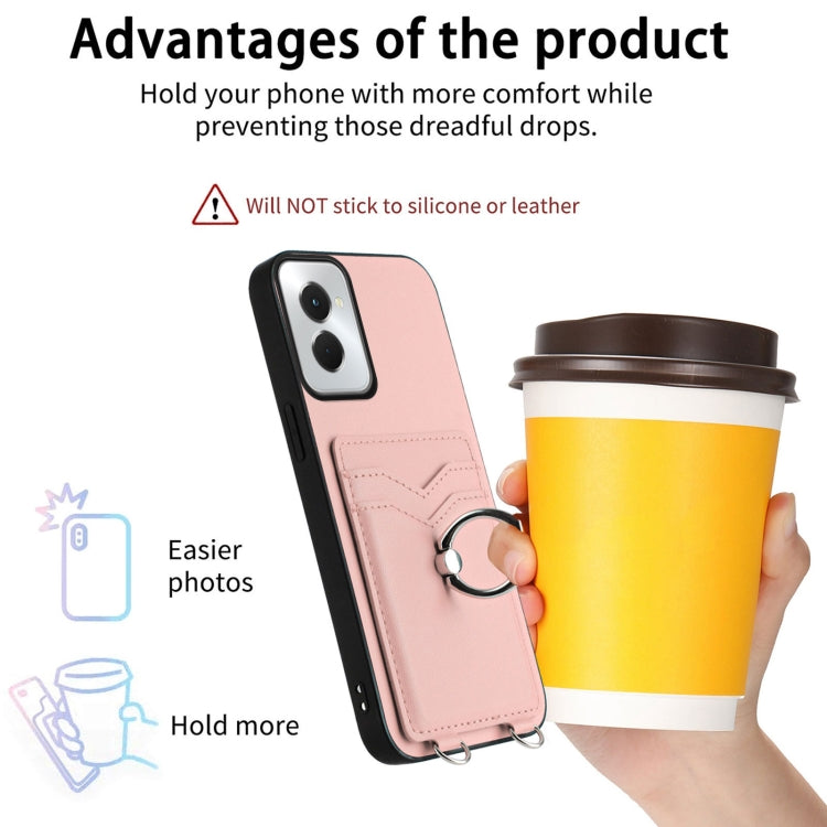 For Motorola Moto G Power 5G 2024 R20 Crossbody Rope Ring Card Holder Phone Case(Pink)