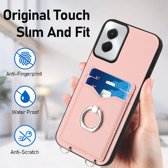 For Motorola Moto G Power 5G 2024 R20 Crossbody Rope Ring Card Holder Phone Case(Pink)