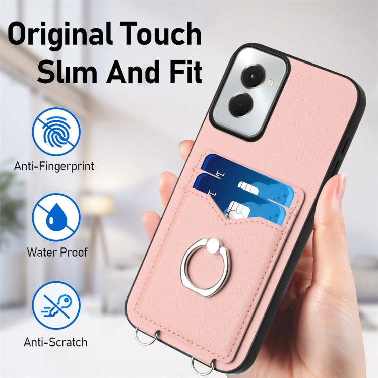 For Motorola Moto G Power 5G 2024 R20 Crossbody Rope Ring Card Holder Phone Case(Pink)