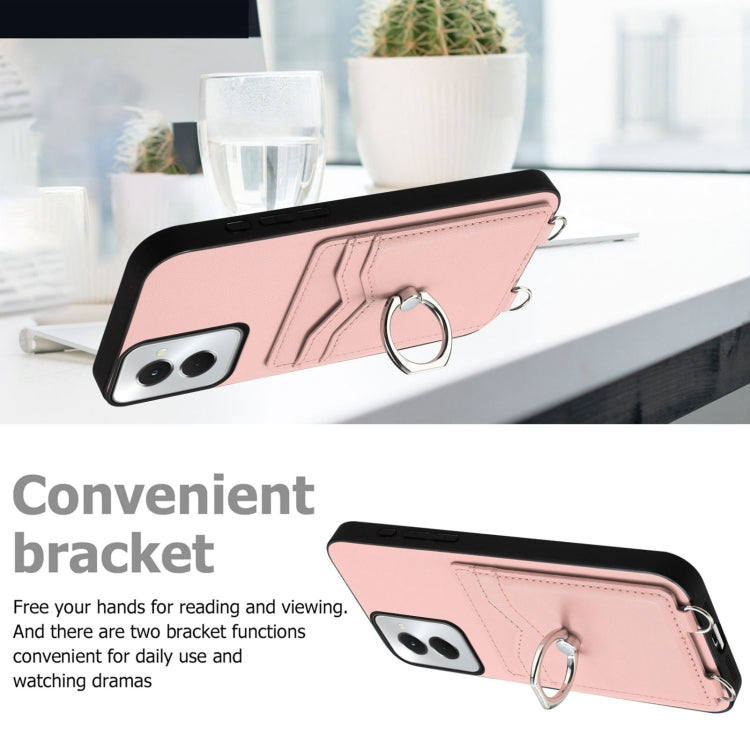 For Motorola Moto G Power 5G 2024 R20 Crossbody Rope Ring Card Holder Phone Case(Pink)