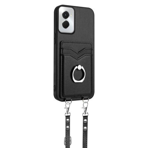 For Motorola Moto G Power 5G 2024 R20 Crossbody Rope Ring Card Holder Phone Case(Black)