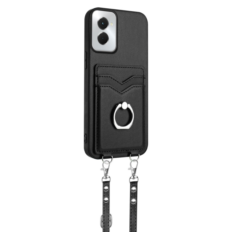 For Motorola Moto G Power 5G 2024 R20 Crossbody Rope Ring Card Holder Phone Case(Black)