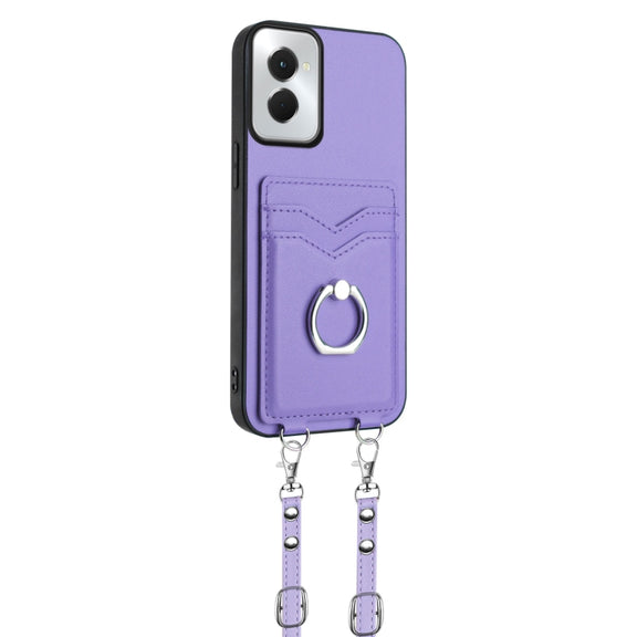 For Motorola Moto G Power 5G 2024 R20 Crossbody Rope Ring Card Holder Phone Case(Purple)