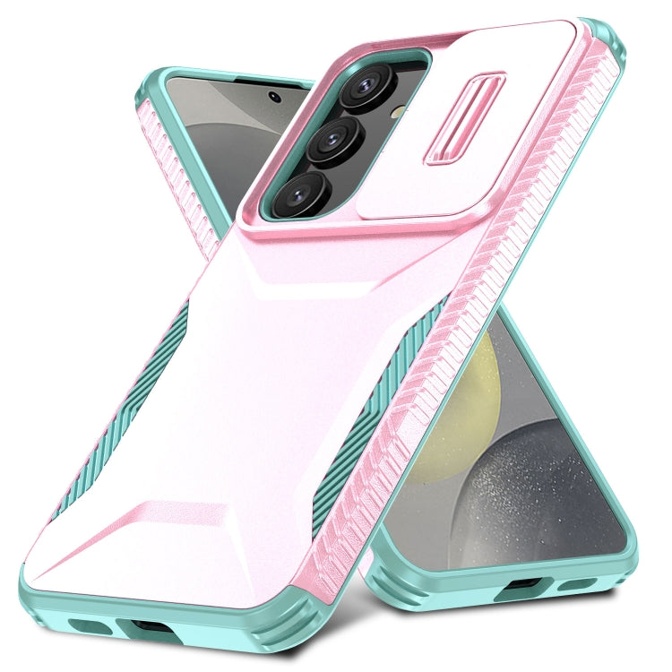 For Samsung Galaxy S25+ 5G / S24+ 5G Sliding Camshield Phone Case(Pink + Grey Green)