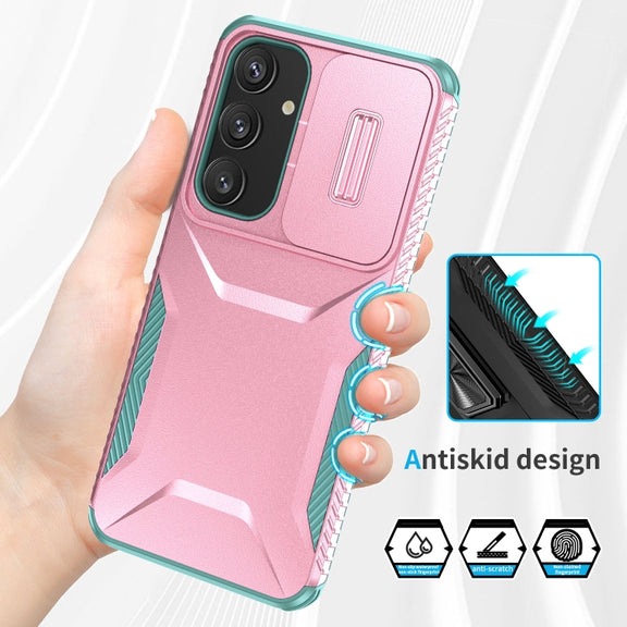 For Samsung Galaxy S25+ 5G / S24+ 5G Sliding Camshield Phone Case(Pink + Grey Green)