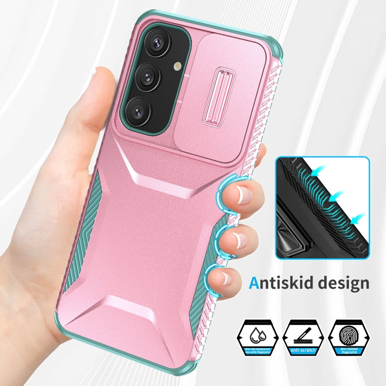 For Samsung Galaxy S25+ 5G / S24+ 5G Sliding Camshield Phone Case(Pink + Grey Green)