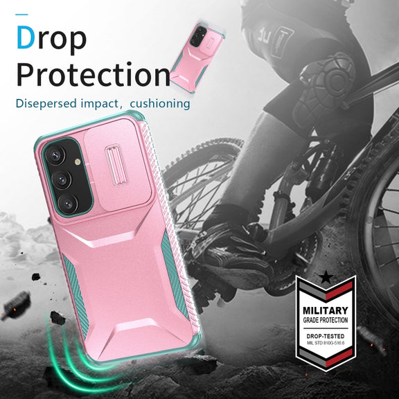 For Samsung Galaxy S25+ 5G / S24+ 5G Sliding Camshield Phone Case(Pink + Grey Green)