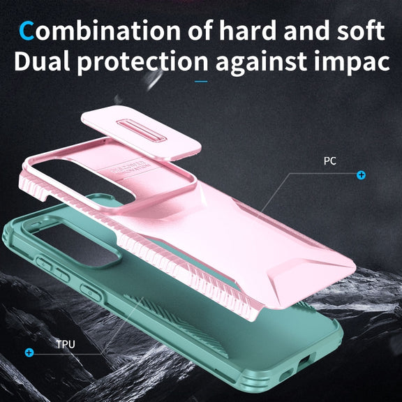 For Samsung Galaxy S25+ 5G / S24+ 5G Sliding Camshield Phone Case(Pink + Grey Green)