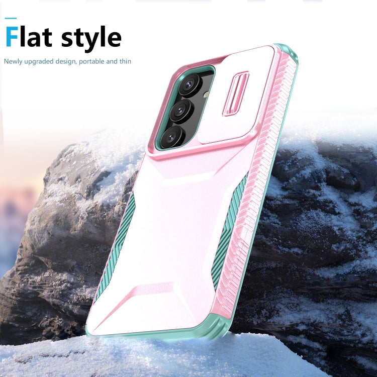 For Samsung Galaxy S25+ 5G / S24+ 5G Sliding Camshield Phone Case(Pink + Grey Green)
