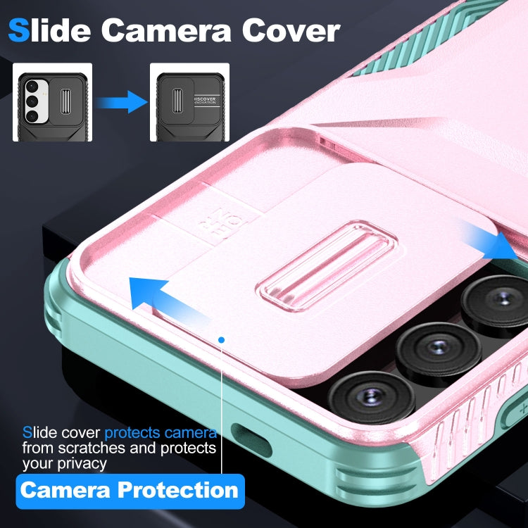 For Samsung Galaxy S25+ 5G / S24+ 5G Sliding Camshield Phone Case(Pink + Grey Green)