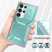 For Samsung Galaxy S25 Ultra 5G Sliding Camshield Phone Case(Grey Green + Pink)