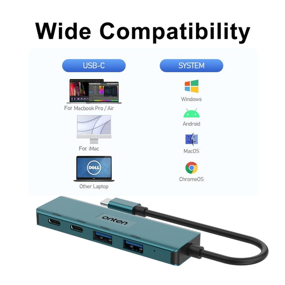 Onten UC622 10Gbps USB-C / Type-C to 2 x USB + 2 x USB-C / Type-C 4 in 1 HUB Docking Station, Length:1.5m(Green)