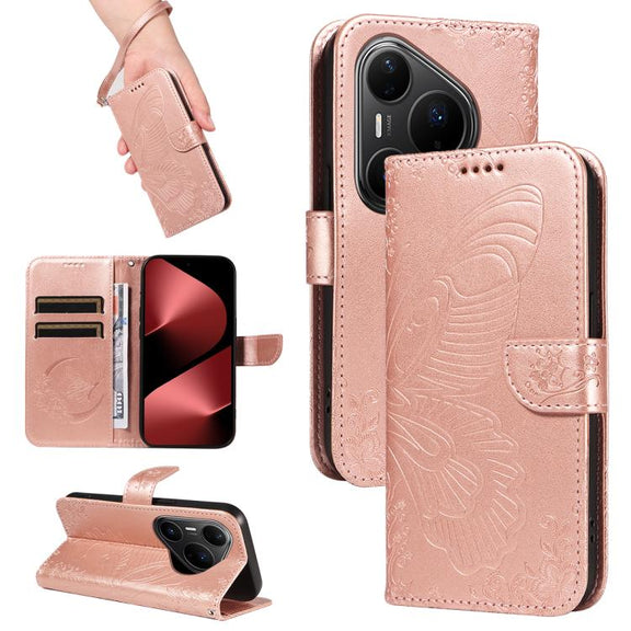 For Huawei Pura 80 Pro 5G Swallowtail Butterfly Embossed Leather Phone Case(Rose Gold)
