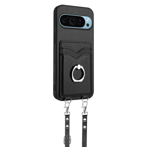 For Google Pixel 9 Pro XL R20 Crossbody Rope Ring Card Holder Phone Case(Black)