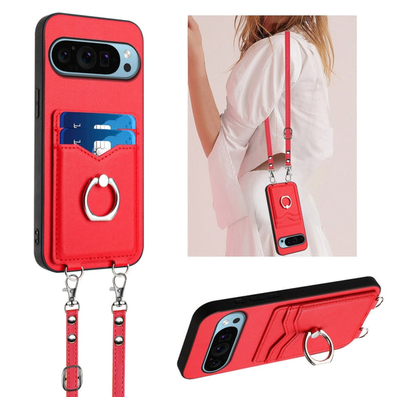 For Google Pixel 9 Pro XL R20 Crossbody Rope Ring Card Holder Phone Case(Red)