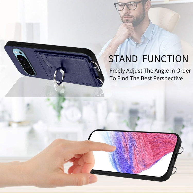 For Google Pixel 9 Pro XL R20 Crossbody Rope Ring Card Holder Phone Case(Blue)