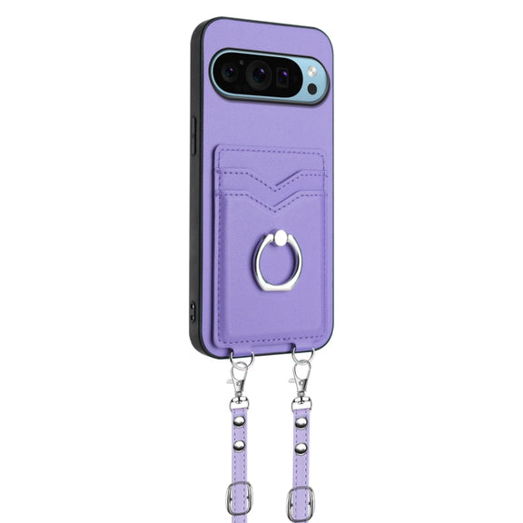 For Google Pixel 9 Pro XL R20 Crossbody Rope Ring Card Holder Phone Case(Purple)