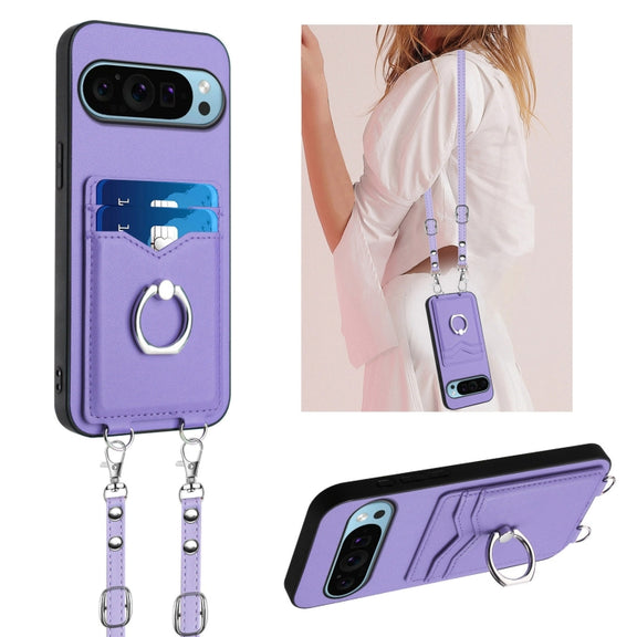 For Google Pixel 9 Pro XL R20 Crossbody Rope Ring Card Holder Phone Case(Purple)