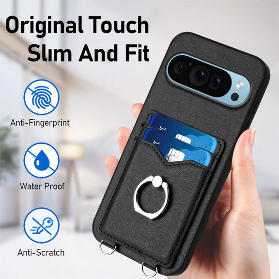 For Google Pixel 9 / 9 Pro R20 Crossbody Rope Ring Card Holder Phone Case(Black)